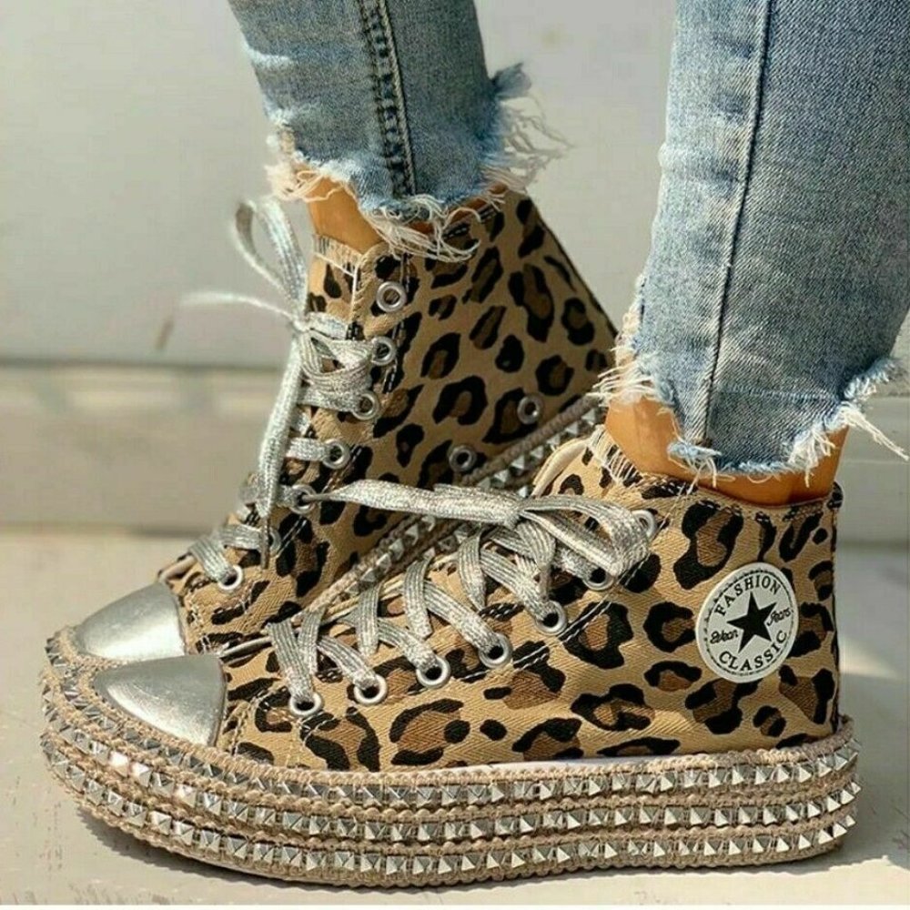 Leopard Rivet Embellished High-Top Canvas Sneakers